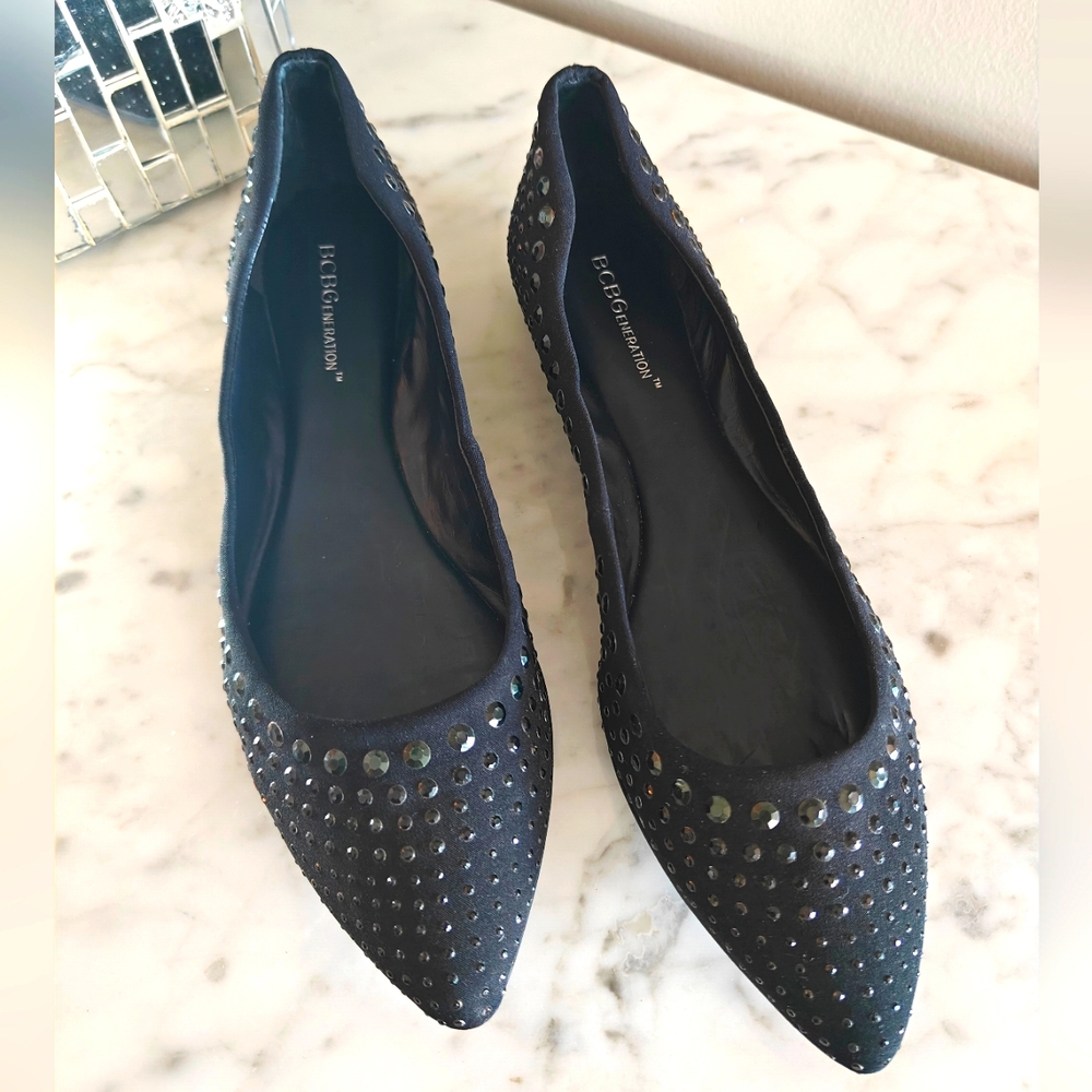 BCBGeneration Black on Black Sequin Studded Ballet Flats | Size 8M/38 - Picture 4 of 10
